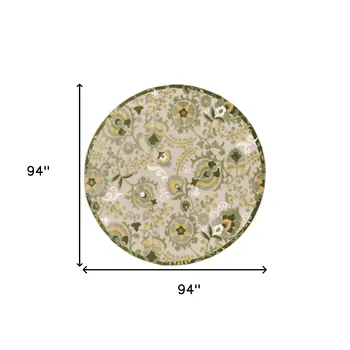 8' Ivory Green And Yellow Round Floral Indoor Outdoor Area Rug