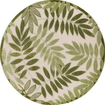 8' Ivory And Green Round Palm Leaf Indoor Outdoor Area Rug