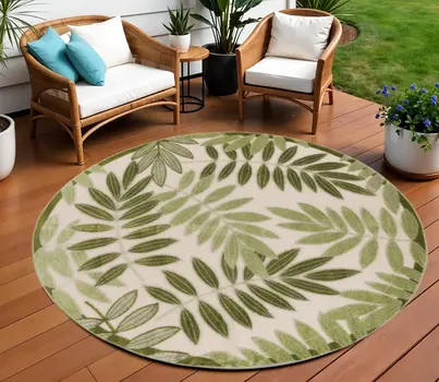 8' Ivory And Green Round Palm Leaf Indoor Outdoor Area Rug