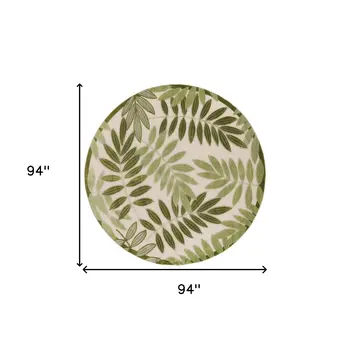 8' Ivory And Green Round Palm Leaf Indoor Outdoor Area Rug