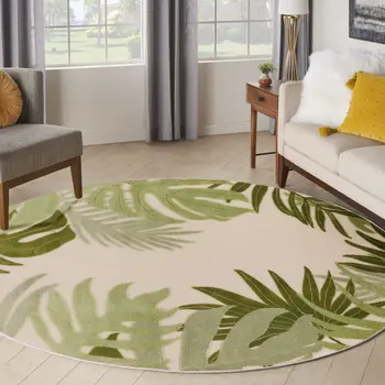 8' Ivory And Green Round Palm Leaf Indoor Outdoor Area Rug
