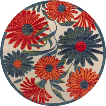 8' Ivory Orange And Blue Round Floral Indoor Outdoor Area Rug