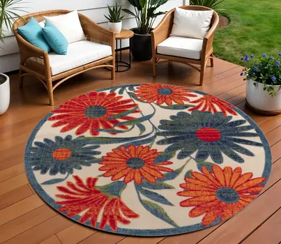 8' Ivory Orange And Blue Round Floral Indoor Outdoor Area Rug