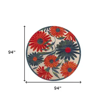 8' Ivory Orange And Blue Round Floral Indoor Outdoor Area Rug