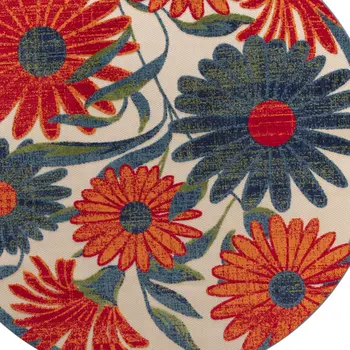 8' Ivory Orange And Blue Round Floral Indoor Outdoor Area Rug