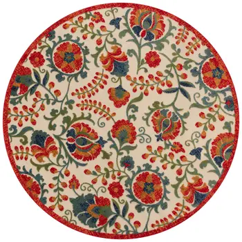 8' Red Gold Teal Blue And Green Round Floral Indoor Outdoor Area Rug
