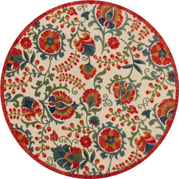 8' Red Gold Teal Blue And Green Round Floral Indoor Outdoor Area Rug
