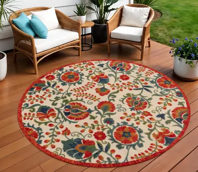 8' Red Gold Teal Blue And Green Round Floral Indoor Outdoor Area Rug