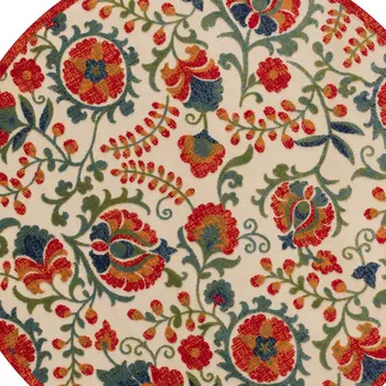 8' Red Gold Teal Blue And Green Round Floral Indoor Outdoor Area Rug