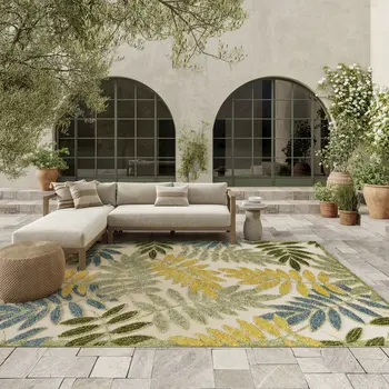 6' X 9' Green Yellow And Blue Palm Leaf Indoor Outdoor Area Rug