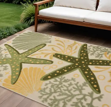 6' X 9' Green And Yellow Starfish Indoor Outdoor Area Rug