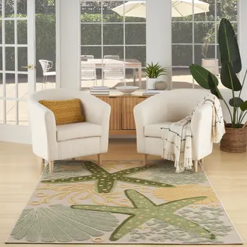 6' X 9' Green And Yellow Starfish Indoor Outdoor Area Rug