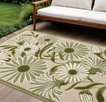 6' X 9' Ivory And Green Floral Indoor Outdoor Area Rug