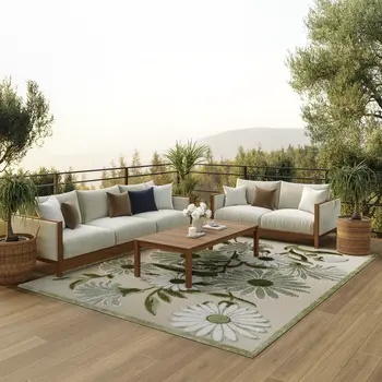 6' X 9' Ivory And Green Floral Indoor Outdoor Area Rug