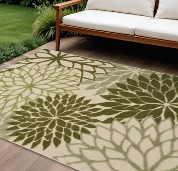 6' X 9' Ivory And Green Floral Indoor Outdoor Area Rug