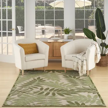 6' X 9' Ivory And Green Palm Leaf Indoor Outdoor Area Rug