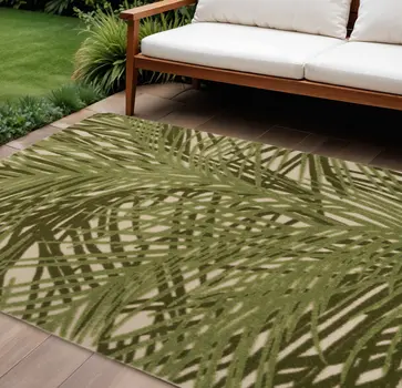 6' X 9' Ivory And Green Palm Leaf Indoor Outdoor Area Rug