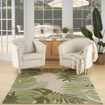 6' X 9' Ivory And Green Palm Leaf Indoor Outdoor Area Rug