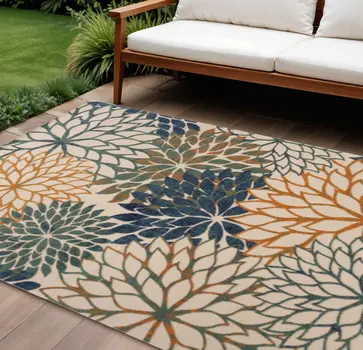 8' X 11' Blue Green And Orange Floral Indoor Outdoor Area Rug