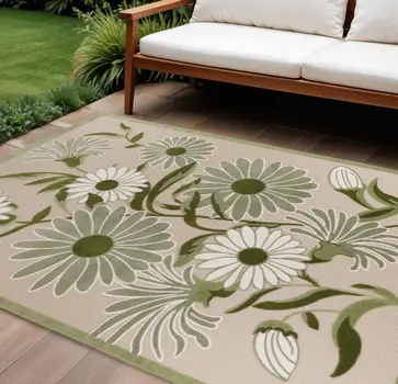 8' X 11' Ivory And Green Floral Indoor Outdoor Area Rug