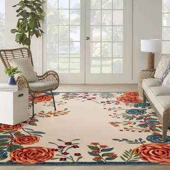8' X 11' Ivory Blue And Orange Floral Indoor Outdoor Area Rug