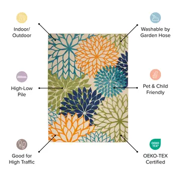 8' X 11' Red Gold Teal Blue And Green Floral Indoor Outdoor Area Rug
