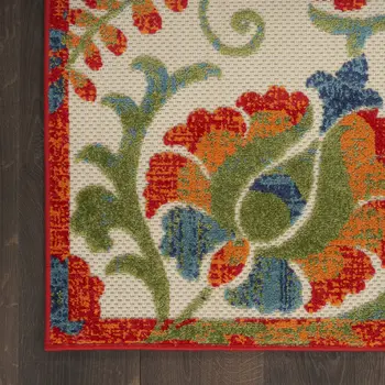 8' X 11' Red Gold Teal Blue And Green Floral Indoor Outdoor Area Rug
