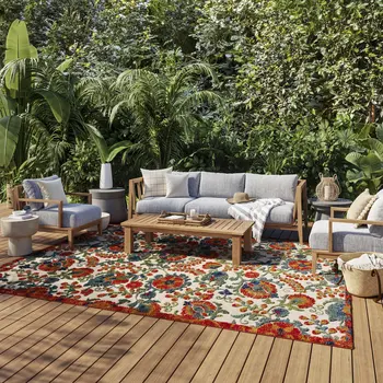 8' X 11' Red Gold Teal Blue And Green Floral Indoor Outdoor Area Rug