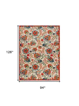 8' X 11' Red Gold Teal Blue And Green Floral Indoor Outdoor Area Rug