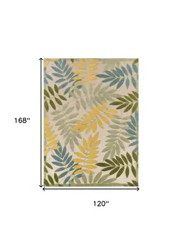 10' X 14' Ivory Green Yellow Blue And Dark Green Palm Leaf Indoor Outdoor Area Rug