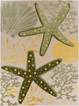 10' X 14' Ivory Green Yellow Blue And Dark Green Starfish Indoor Outdoor Area Rug