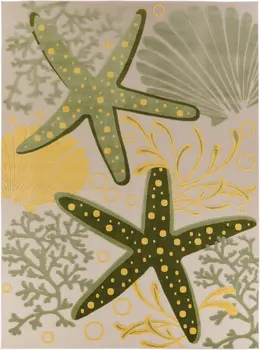 10' X 14' Ivory Green Yellow Blue And Dark Green Starfish Indoor Outdoor Area Rug