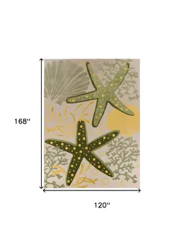 10' X 14' Ivory Green Yellow Blue And Dark Green Starfish Indoor Outdoor Area Rug