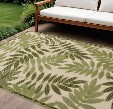 10' X 14' Ivory And Green Palm Leaf Indoor Outdoor Area Rug
