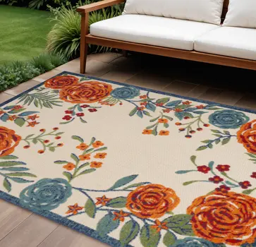 10' X 14' Ivory Orange Blue And Green Floral Indoor Outdoor Area Rug
