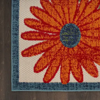 10' X 14' Ivory Orange Blue Green And Red Floral Indoor Outdoor Area Rug