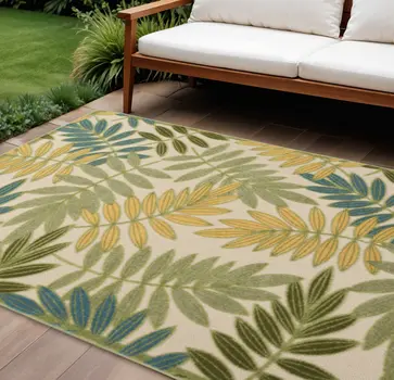 9' X 12' Green Yellow Blue Ivory And Dark Green Palm Leaf Indoor Outdoor Area Rug