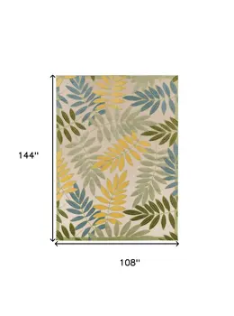 9' X 12' Green Yellow Blue Ivory And Dark Green Palm Leaf Indoor Outdoor Area Rug
