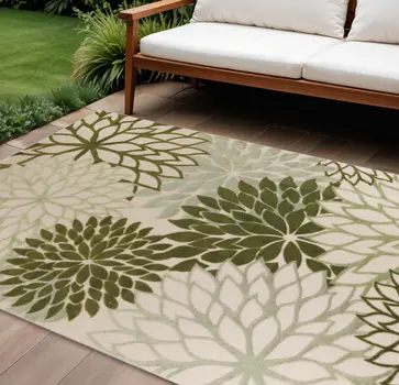 9' X 12' Ivory And Green Floral Indoor Outdoor Area Rug