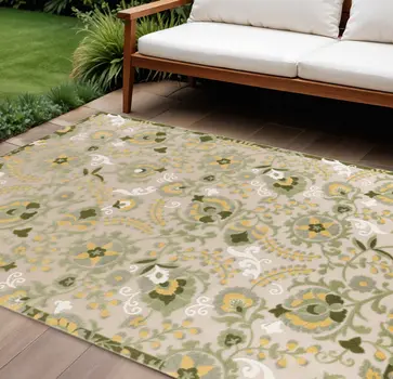 9' X 12' Ivory Green And Yellow Floral Indoor Outdoor Area Rug