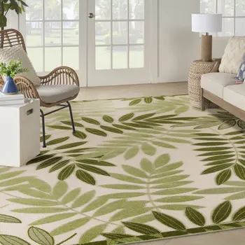 9' X 12' Ivory And Green Palm Leaf Indoor Outdoor Area Rug