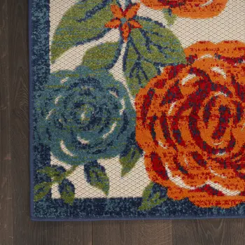 9' X 12' Ivory Green Blue Red And Orange Floral Indoor Outdoor Area Rug