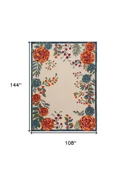 9' X 12' Ivory Green Blue Red And Orange Floral Indoor Outdoor Area Rug