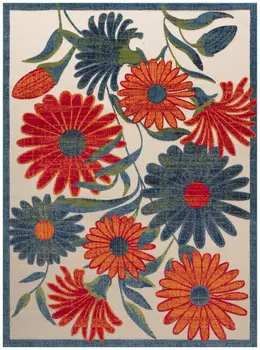 9' X 12' Ivory Red Blue And Green Floral Indoor Outdoor Area Rug