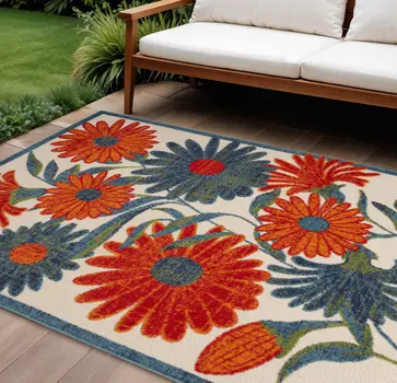 9' X 12' Ivory Red Blue And Green Floral Indoor Outdoor Area Rug