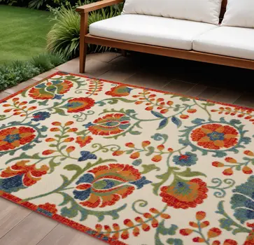 9' X 12' Ivory Red Blue And Green Floral Indoor Outdoor Area Rug