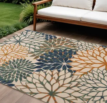 12' X 15' Blue Green And Orange Floral Indoor Outdoor Area Rug