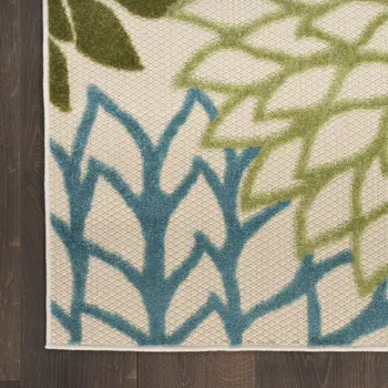 12' X 15' Green Blue Yellow And Dark Green Floral Indoor Outdoor Area Rug