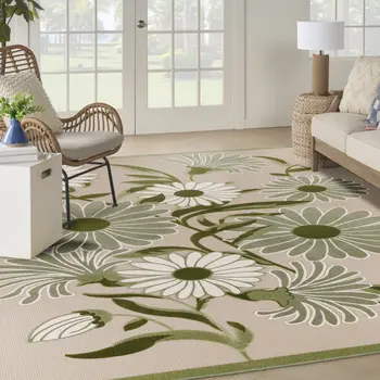12' X 15' Ivory And Green Floral Indoor Outdoor Area Rug