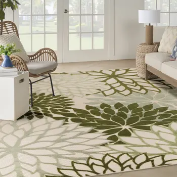 12' X 15' Ivory And Green Floral Indoor Outdoor Area Rug